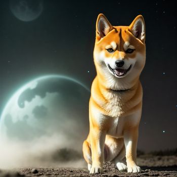 dog sitting on a dirt ground with a moon in the background and a sky with stars and clouds