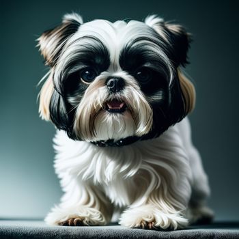 small dog with a black and white face and a black collar sitting on a gray surface with a gray background