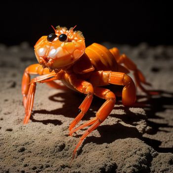 close up of a bright orange crab on a beach with sand and gravel in the background and a black background