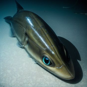 fish with a blue eye is on the ground in the water