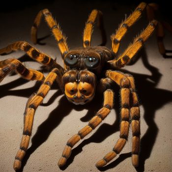 close up of a spider on a table with a black background and a light brown background with a black spot