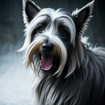 dog with a long white coat and black eyes is smiling and looking at the camera with a black background