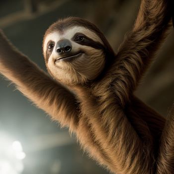 slotty hanging upside down in a room with lights in the background and a stuffed animal hanging from the ceiling