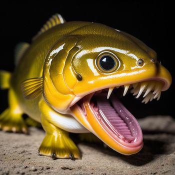 yellow fish with its mouth open and it's teeth wide open and it's mouth wide open