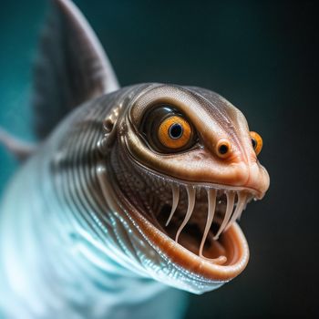 close up of a fish with a very large mouth and a very long tail with a very large eye