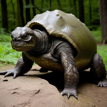 turtle is sitting on a rock in the woods