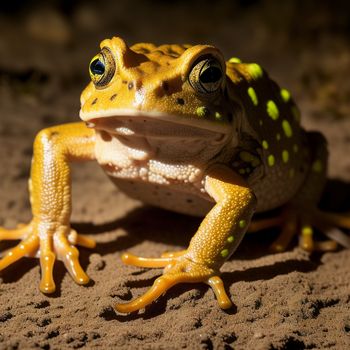 frog with yellow and green spots sitting on a dirt ground with its legs crossed and eyes wide open