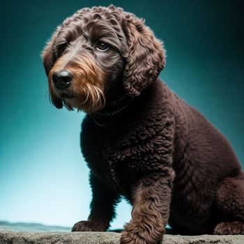 brown dog sitting on top of a rock next to a blue background and a black background with a dog's head