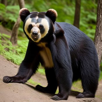 black and white bear standing on a dirt road in a forest area with trees and grass in the background