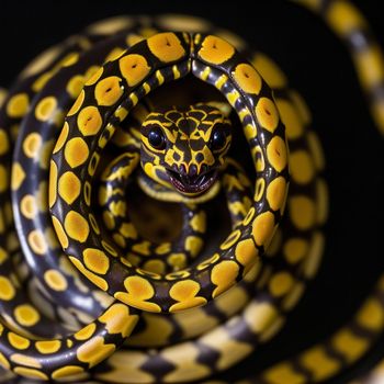 snake is curled up in a spiral pattern with yellow dots on it's body and head