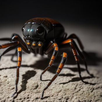 close up of a spider on a ground with a black background and orange stripes on its legs and head