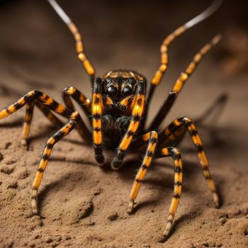 close up of a spider on a rock with a blurry background of sand and dirt