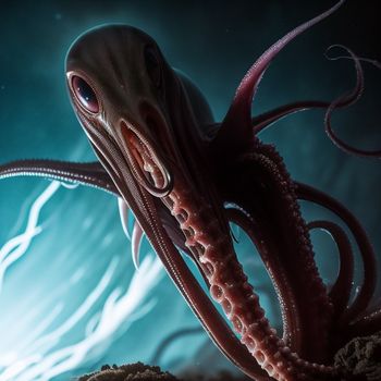 an octopus is swimming in the water with its tentacles stretched out and its eyes open