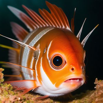 close up of a fish on a coral with algae in the background and a black background with a light shining on it