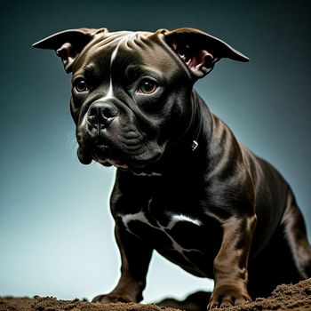 black and brown dog laying on top of a dirt field next to a blue sky background with a spot on the dog's ear