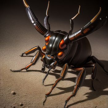 black and orange insect with long horns and orange eyes on a brown surface with a black background and a black background