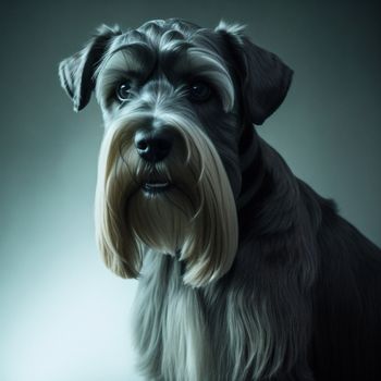 dog with a long haircut sitting in front of a gray background with a light reflection on it