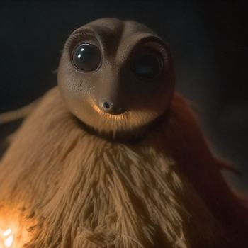 stuffed animal with a light in its mouth and a black background with a blurry image of a stuffed animal