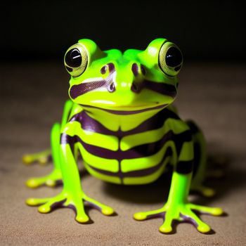 green frog with black stripes and big eyes sitting on a table with a black background and a black background