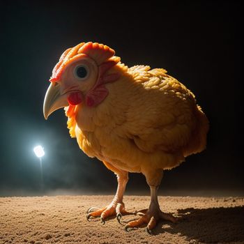 chicken with a red head and orange beak standing in the sand with a bright light in the background