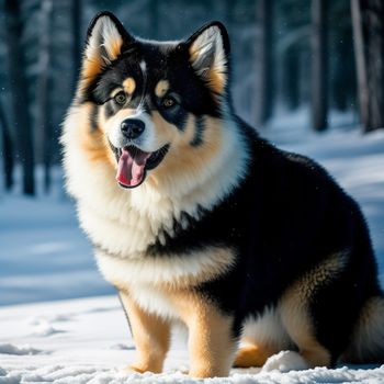 dog that is sitting in the snow with its tongue out and it's tongue out and it's mouth open