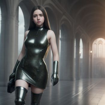 woman in a metallic dress and gloves walking through a hallway with arches and arches on either side of her