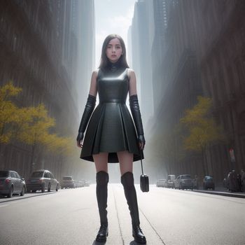 woman in a short dress and black gloves standing in the middle of a street with tall buildings in the background