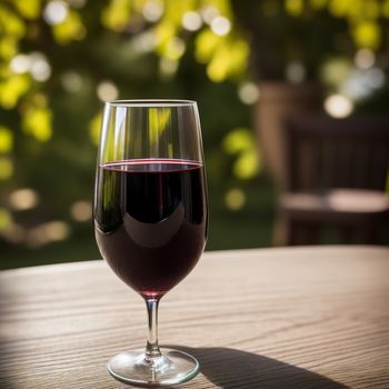 glass of wine sitting on a table outside on a sunny day with a blurry background of trees