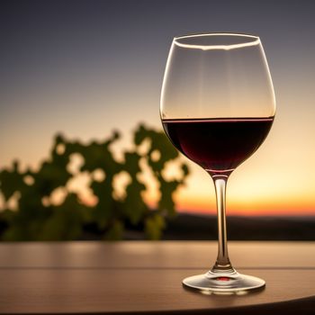 glass of wine sitting on a table with a sunset in the background and a tree in the foreground