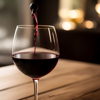 glass of red wine being poured into it with a wooden table in the background and a blurry light coming from the glass