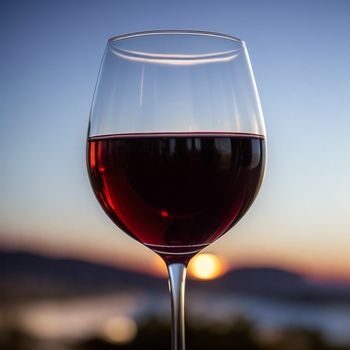 glass of wine sitting on top of a table next to a sunset sky and a body of water