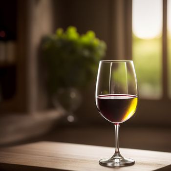 glass of wine sitting on a table next to a window with a plant in the background and a vase with flowers in the background