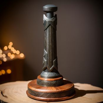 wooden table with a metal and wood object on it's top and a blurry background of lights