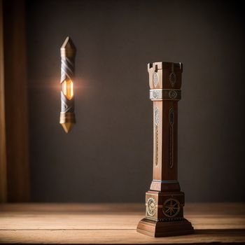 clock tower with a light on top of it next to a wall light on a wall with a lamp on it