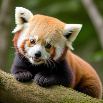 red panda bear sitting on a tree branch with its eyes open and tongue out