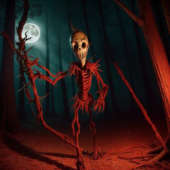 skeleton in a creepy forest with a full moon in the background and a full moon in the sky