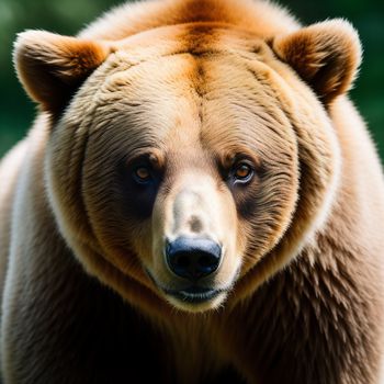 close up of a brown bear with a blurry background of trees and grass in the background