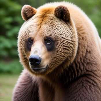 close up of a brown bear with a blurry background of trees and grass in the background