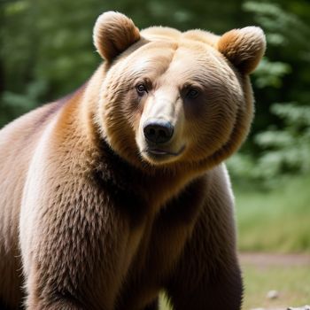 brown bear standing on top of a lush green field next to a forest filled with trees and grass