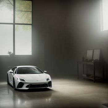 white sports car parked in a dark room with a window in the background and a table with a plant in the corner