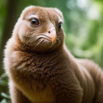 brown monkey with a yellow beak and a blue eye looks up at the camera while standing in the woods