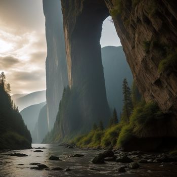 river flowing through a lush green forest covered forest covered in tall mountains and trees under a cloudy sky