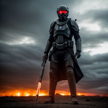 man in a futuristic suit holding a gun in front of a sunset with clouds in the background and a red light on his face