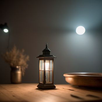 lantern sitting on a table with a bowl of flowers in the background and a light on the wall