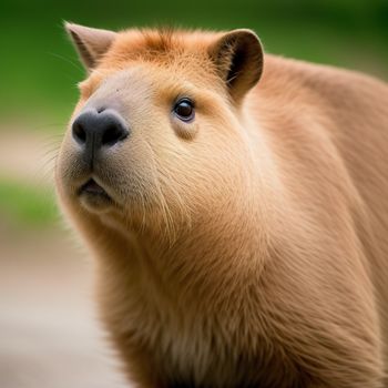 close up of a small animal with a blurry background of grass and trees in the background