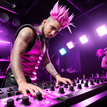 man with pink hair playing a dj set in a club with purple lighting and a dj mixing equipment