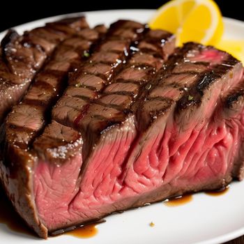 piece of steak on a plate with a lemon wedge on the side of it and a drizzle of sauce on the side