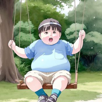 little boy sitting on a swing in a park with a surprised look on his face and mouth