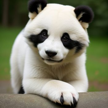 black and white panda bear sitting on a rock looking at the camera with a sad look on his face