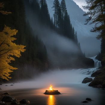 fire in the middle of a lake surrounded by trees and foggy mountains in the background with a bright yellow light shining on the water